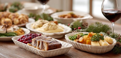 Dining table with multiple platters festive holiday meal