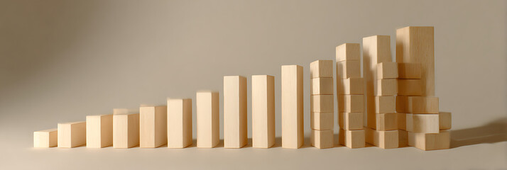 Wooden blocks in an ascending progression, forming a staircase with stacked elements, representing growth, building, and potential.
