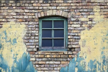 Vintage window on weathered brick wall. AI generated