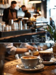 Cozy café scene with baristas and coffee cups on a wooden table.