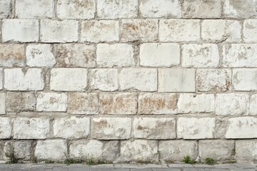 Weathered stone wall with sidewalk at base. AI generated