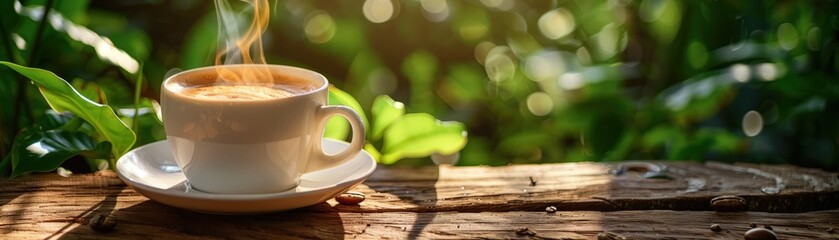 Steaming coffee cup on a wooden table surrounded by greenery.