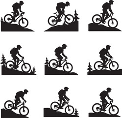 Obraz premium Black silhouette mountain biker on hilly terrain with trees