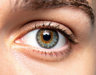 A close-up of a human eye with a striking hazel iris, detailed textures, and sharp focus on eyelashes and eyebrow.