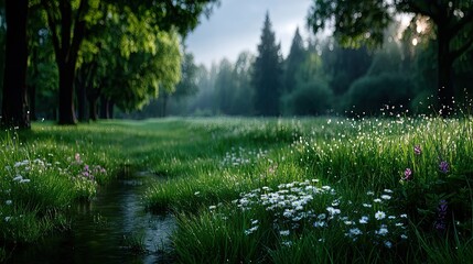 Lush Green Meadow Landscape with Sunlight and Wildflowers in Serene Nature Setting
