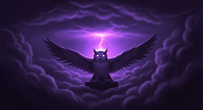 Owl with outstretched wings in a stormy purple sky with lightning strikes - Powered by Adobe