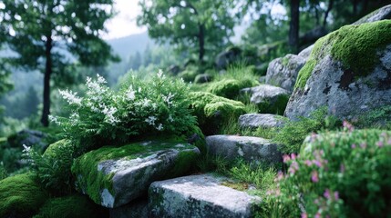 Lush Green Moss Covered Rocks with White Flowers in Forest Setting Under Soft Natural Lighting