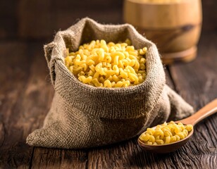 Pasta in burlap sack on wooden table