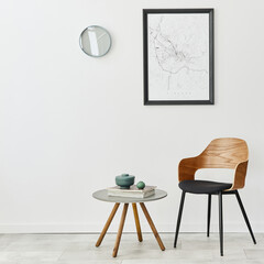 Modern retro concept of home interior with design chair, coffee table, plants, mock up poster map, carpet and personal accessoreis. Stylish home decor of living room.