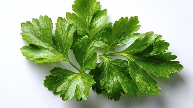 A vibrant bunch of green parsley leaves arranged on a plain white surface showcasing fresh frilly foliage