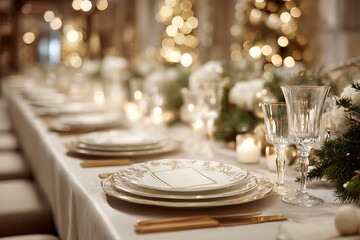 Elegant decorated dining table Christmas feast setup glowing