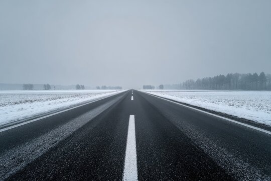 Empty road stretching into a snowy landscape - Powered by Adobe