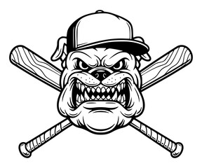 Aggressive bulldog wearing a baseball cap with crossed bats, baseball, mascot, sports, dog, aggressive