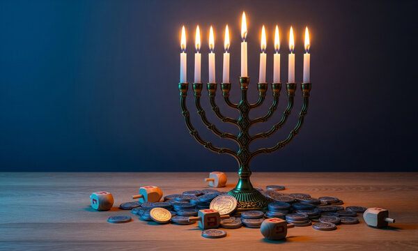 Hanukkah Candle Ritual &mdash; Menorah with Gelt and Dreidels