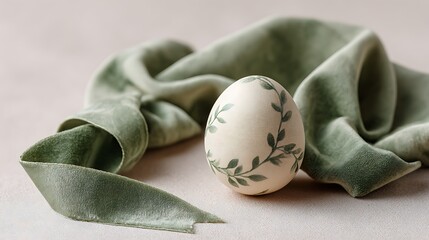 elegant dyed egg with leaf motif, fabric wrap, velvet ribbon with spring backdrop.