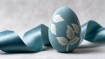 elegant dyed egg with leaf motif, fabric wrap, velvet ribbon with spring backdrop.