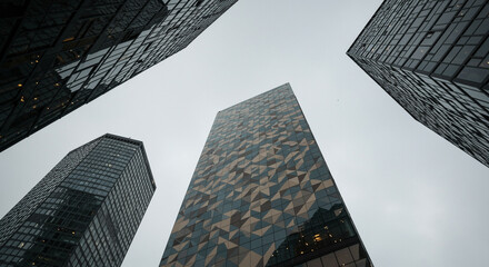 Skyscrapers reaching towards a cloudy sky in the modern cityscape showcasing architectural design and urban development