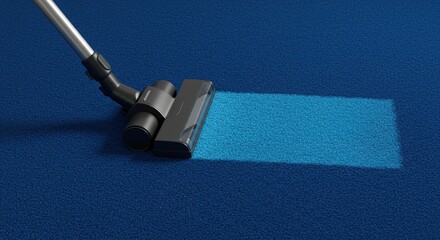 Vacuuming a blue carpet Cleaning process, home maintenance, and modern interior design