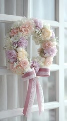 elegant floral wreath with pastel colors, velvet ribbon, lace trim under fresh light.