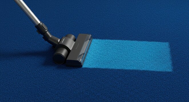 Vacuuming a blue carpet Cleaning process, home maintenance, and modern interior design
