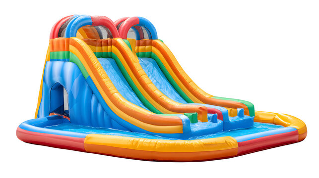 Colorful inflatable water slide perfect for summer fun and backyard excitement, isolated on a white background.
