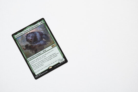 Bradford, UK Sep 26 2025 &ndash; Goreclaw, Terror of Qal Sisma bear card from the Magic The Gathering Green Welcome Deck trading card game.
