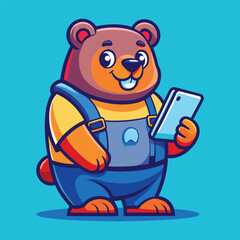 An adorable cartoon bear character dressed in blue overalls and a yellow shirt, happily holding and looking at a smartphone, representing modern technology and playful engagement.