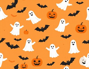 Seamless Halloween Pattern of Bats, Ghosts, and Pumpkins on Orange Background