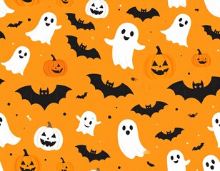 Naklejka premium Seamless Halloween Pattern of Bats, Ghosts, and Pumpkins on Orange Background
