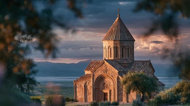 Sevanavank Monastery, Armenia: A serene lakeside view of ancient Armenian architecture at sunset