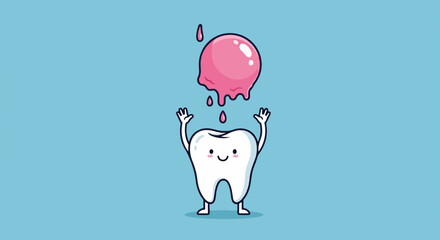 Cartoon tooth character with melting ice cream above its head. Cartoon tooth enjoys sweet treat but faces dental risk. Enjoy cartoon tooth as metaphor for sugary treats and dental health,