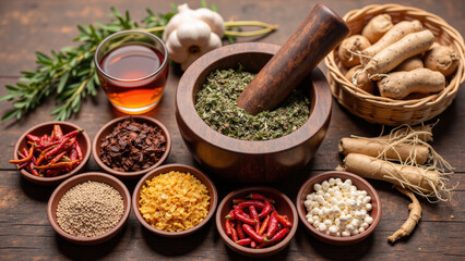 Fresh herbs and spices arranged beautifully in bowls, showcasing vibrant colors and textures, perfect for culinary creations