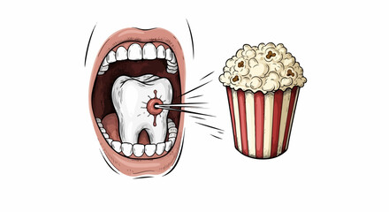 Popcorn in tooth, an open mouth displaying pain in tooth with popcorn stuck. Annoying popcorn stuck sensation, dental health issue, toothache and discomfort.