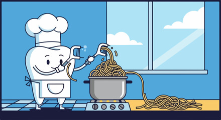 Tooth chef character cooking pasta, preparing delicious spaghetti in kitchen. Cute tooth chef character cooking spaghetti, standing near stove.