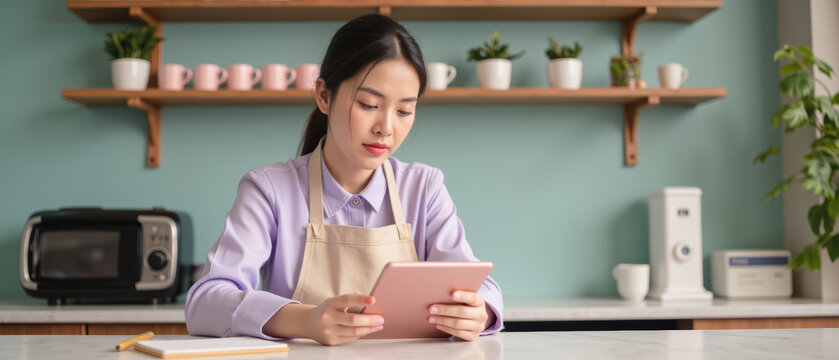 Young woman in apron sits at kitchen table, focused on tablet. modern kitchen features plants and appliances, creating cozy atmosphere