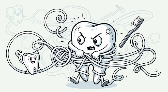 Cartoon tooth character with angry expression tangled in dental floss. Cartoon tooth, wrapped in floss, depicts dental hygiene challenges and frustration, it's a visual metaphor.