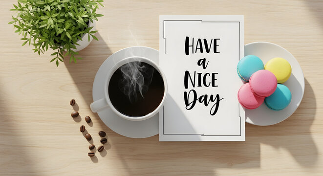 Coffee break with macarons and a positive message for a pleasant day relaxation