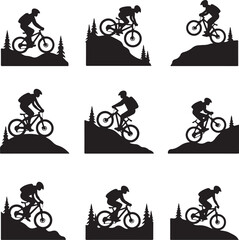 Obraz premium Black silhouettes of mountain bikers on hills with trees