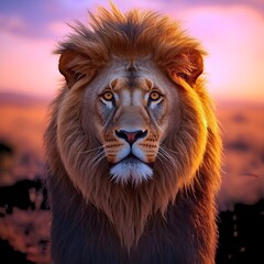 Fototapeta premium A powerful male lion with a magnificent mane stares intensely into the distance, illuminated by the warm glow of a vibrant sunset over the African plains.