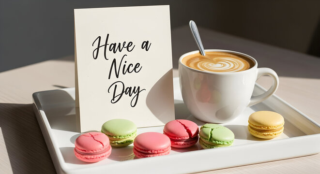 Morning bliss cappuccino and macarons with a "Have a Nice Day" greeting evokes warmth and happiness