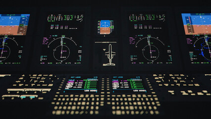 Wide View of Dark Aircraft Cockpit with Multiple Glass Displays and FMS/MCDU Panels