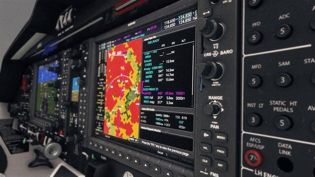 Cockpit Primary Flight Display with Navigation Map and Flight Plan Data