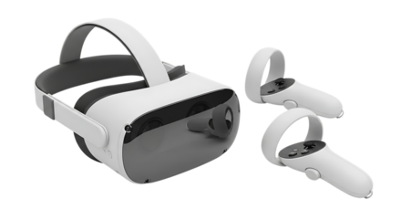 White VR Headset and Controllers on Black Background