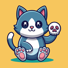 Obraz premium A charming cartoon cat with big eyes and a friendly demeanor. This whimsical feline features a playful skull design on its chest and sits with one paw playfully raised.