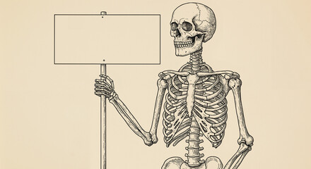 Obraz premium Skeleton holding blank sign in vintage illustration style 