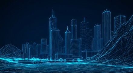 Smart city skyline hologram on blue background — IoT and 5G connected urban infrastructure — modern vector illustration