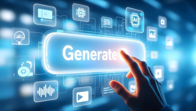 Hand pressing glowing button labeled generate surrounded by digital icons