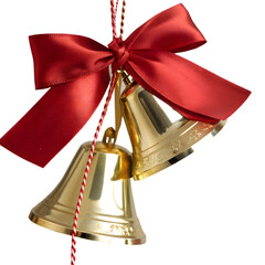 Golden christmas bells with red bow isolated on transparent background for decoration