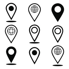 Collection of nine black and white map marker icons with different designs including globes and solid circles