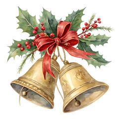 Watercolor christmas bells with red bow and holly isolated on transparent background